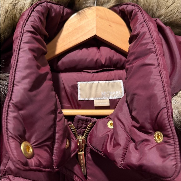 MICHAEL Michael Kors Burgundy Puffer Coat with Faux Fur Hood - Picture 2 of 9